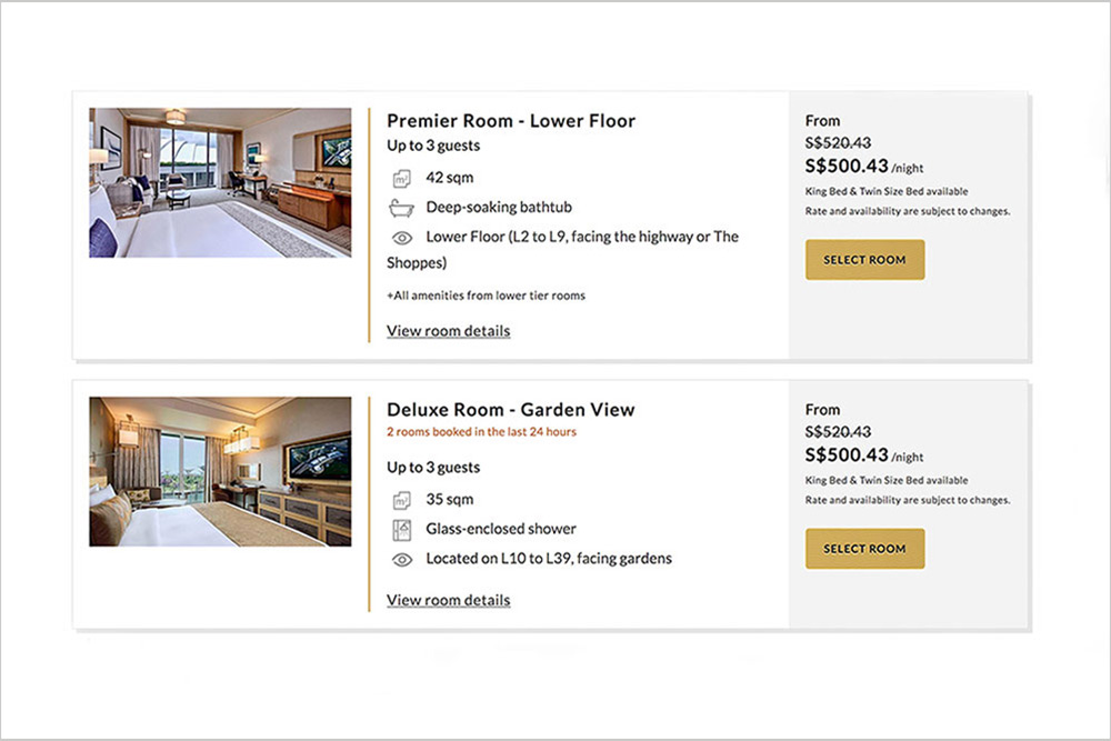 A screenshot showing hotel room rates